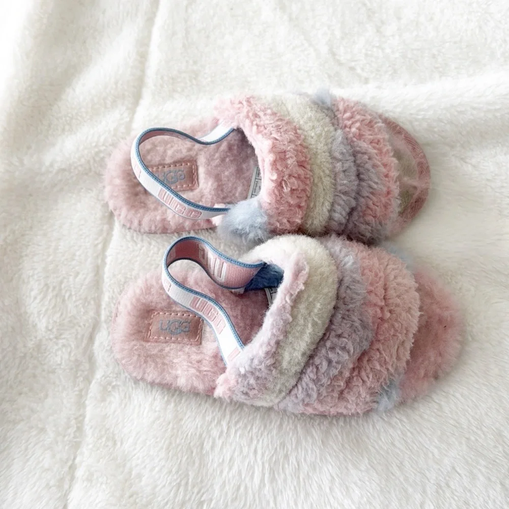 Ugg girls Fluff Yeah Slide Cali Collage rainbow slippers size 11